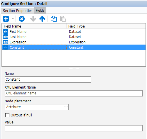 This image shows the Fields tab selected with a Constant Field being added.   Fields a provided to enter field name, width, alignment, and value.